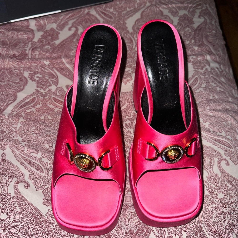 Versace Fuchsia Mules with Gold Medallion